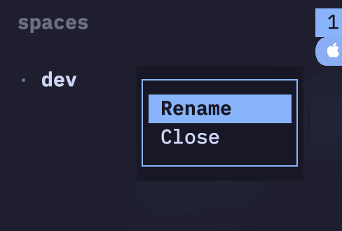 Menú contextual de una sesión de Herdr con las opciones Rename y Close